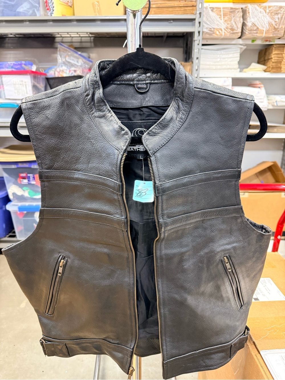 Men's Black Leather Biker Vest - Classic Sleeveless Jacket